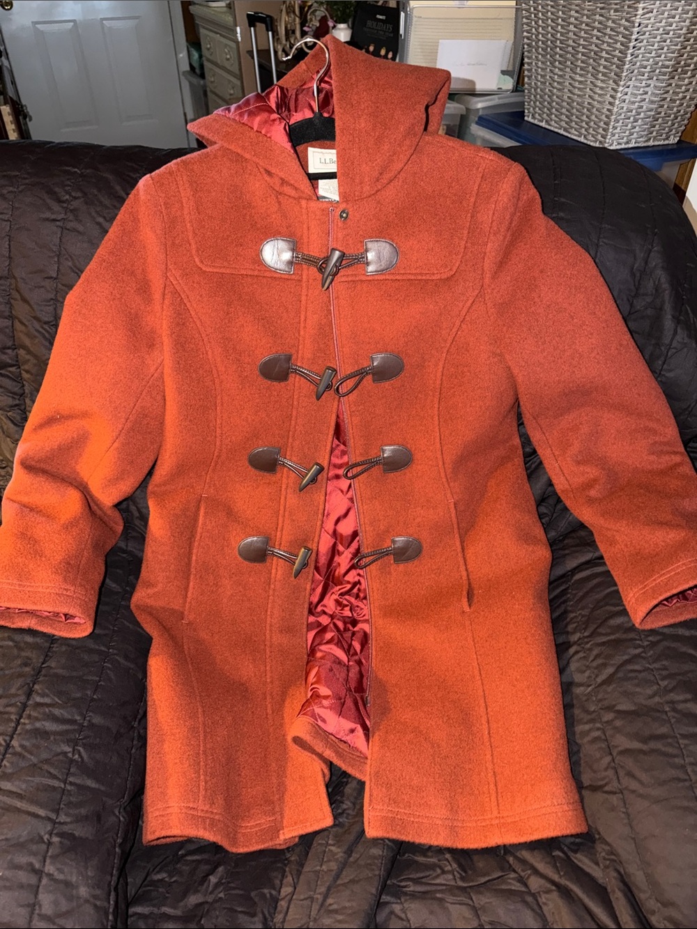 L.L. Bean Women's Rust Orange Hooded Toggle Pea Coat